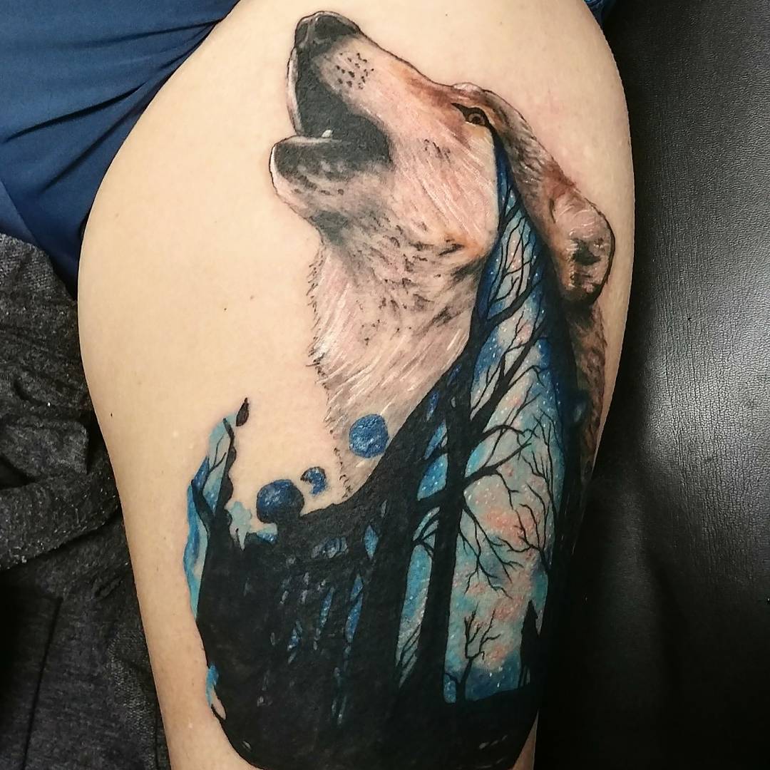 甘先生大腿写实森林系狼纹身图案